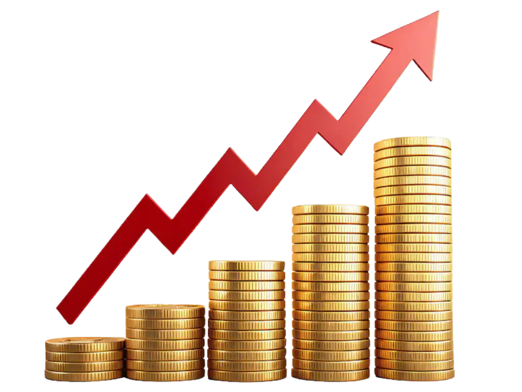 Professional website development illustration with growing gold coins and upward arrow for Indian business growth