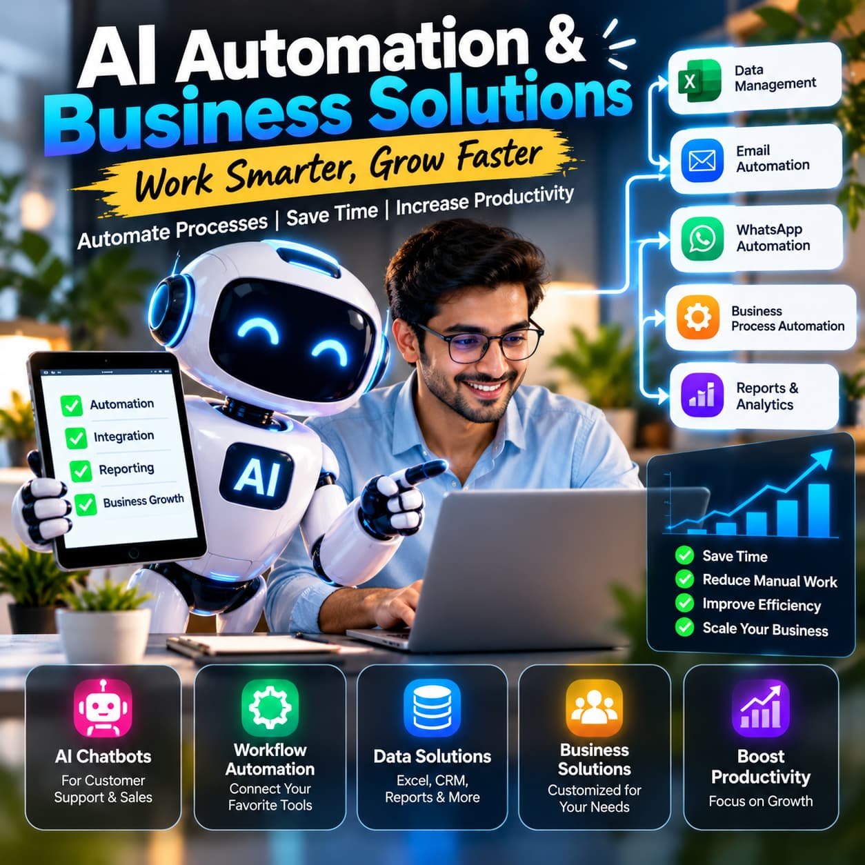 AI automation and business solutions by Shriharsh featuring chatbots, workflow automation, data management, and business productivity tools