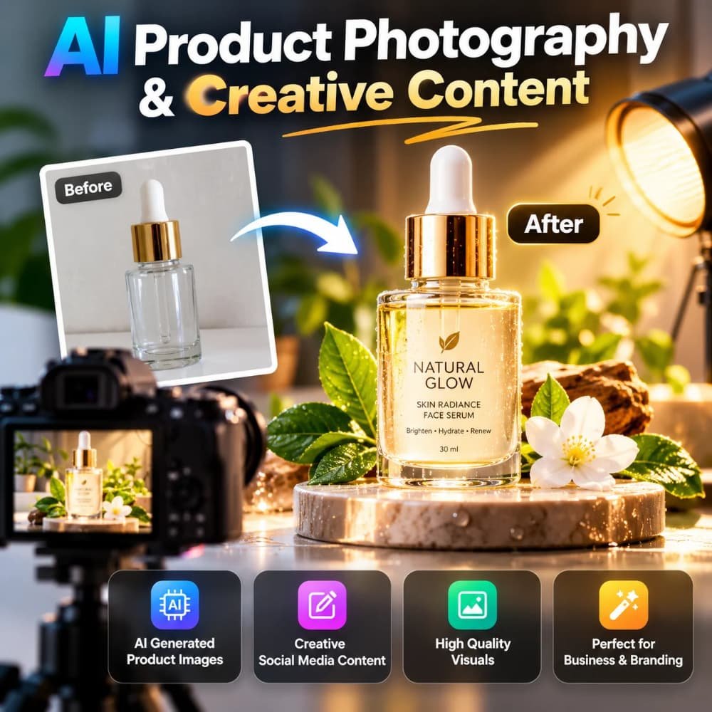 AI product photography and creative content services by Shriharsh for professional product images and marketing visuals