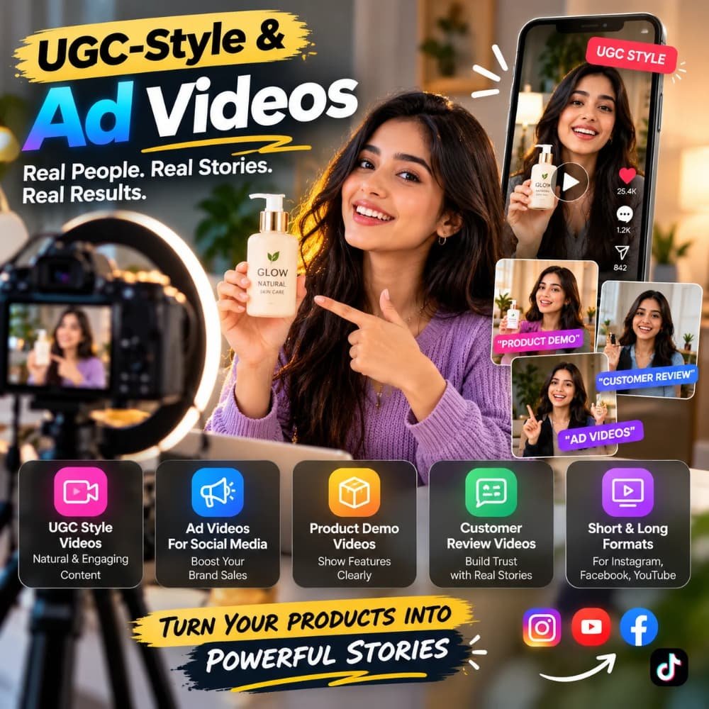 UGC-style videos and AI-powered ad video creation services by Shriharsh for product promotion and digital marketing